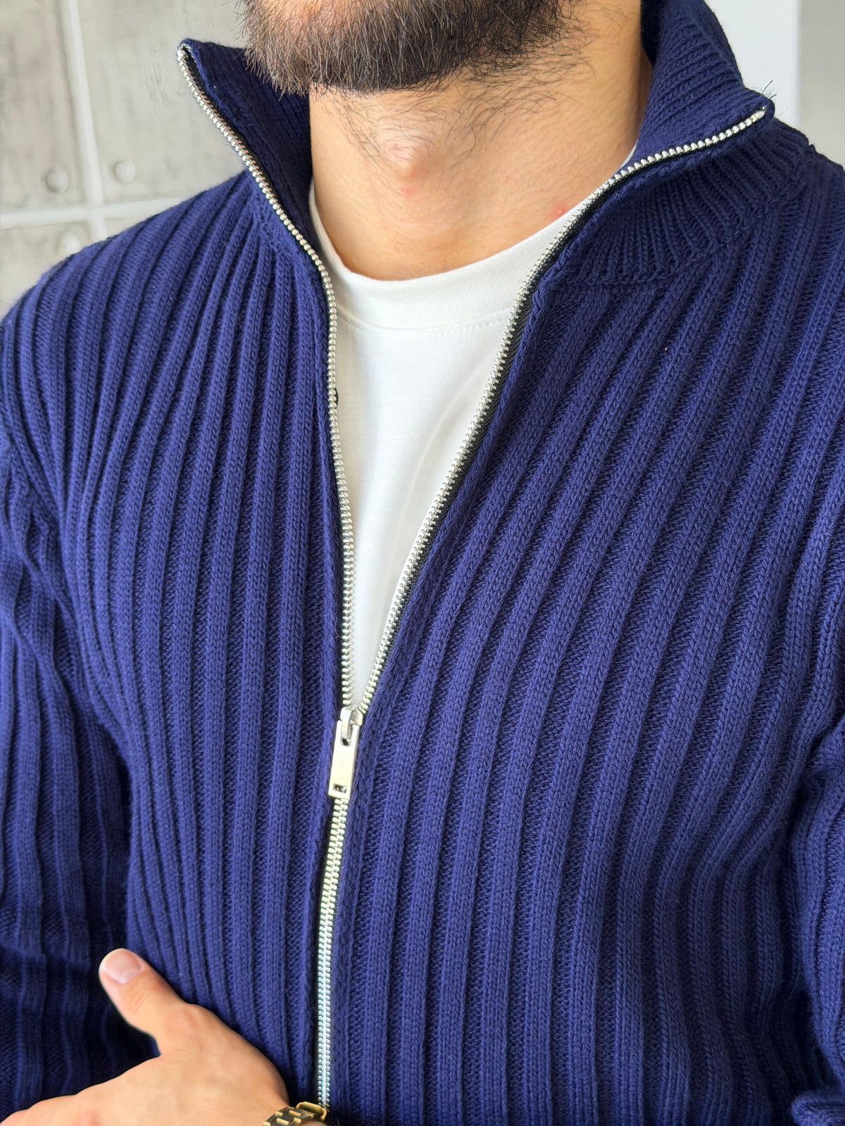 Ribbed Stand Collar Double-Zip - Navy Blue