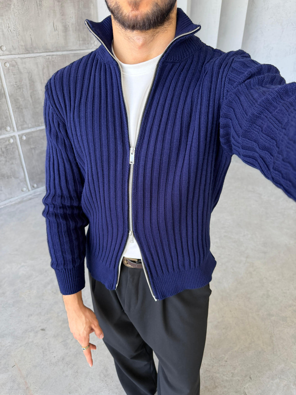 Ribbed Stand Collar Double-Zip - Navy Blue