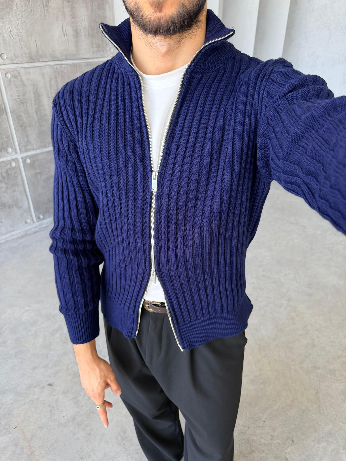 Ribbed Stand Collar Double-Zip - Navy Blue