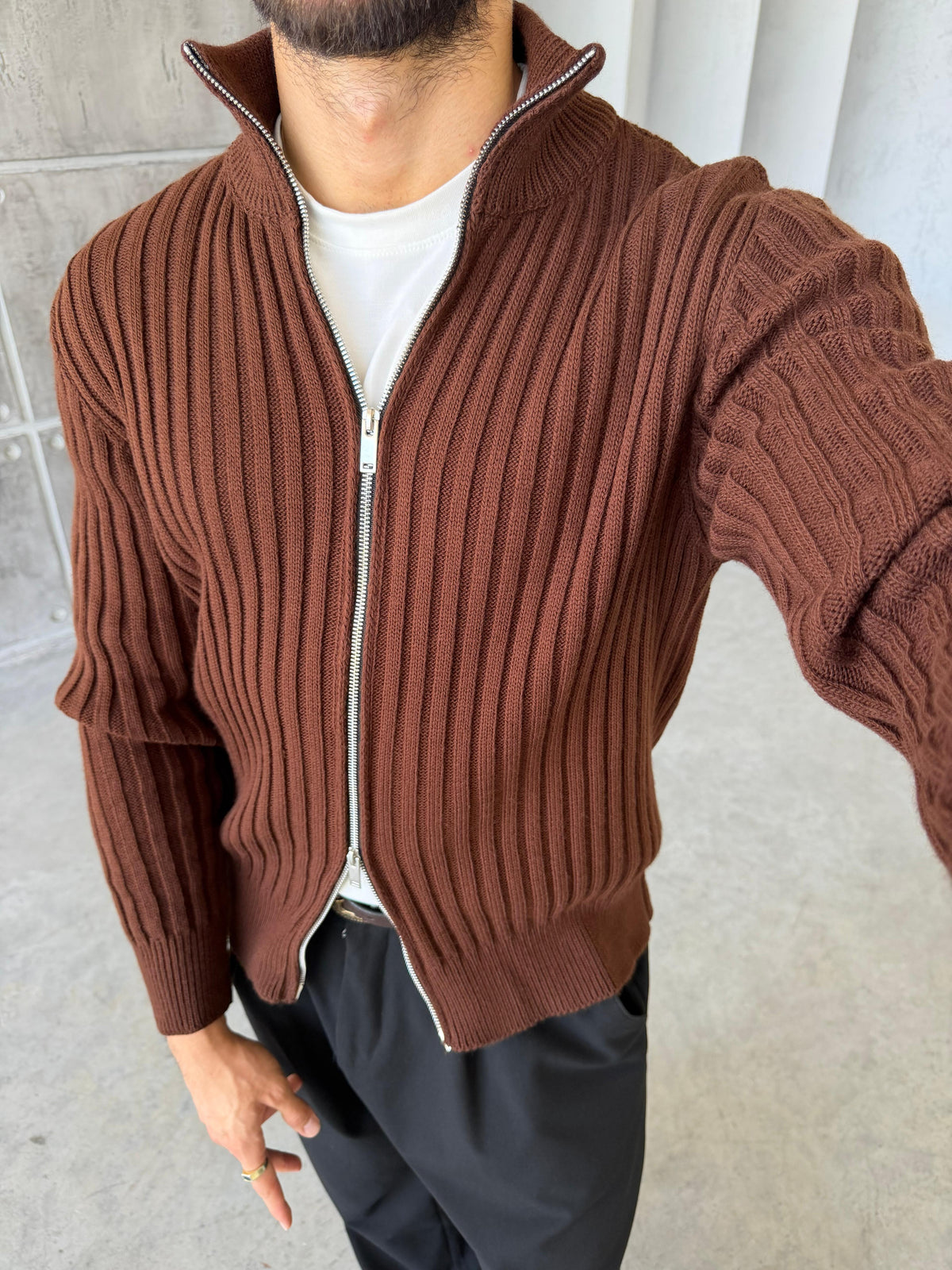 Ribbed Stand Collar Double-Zip - BROWN
