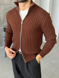 Ribbed Stand Collar Double-Zip - BROWN