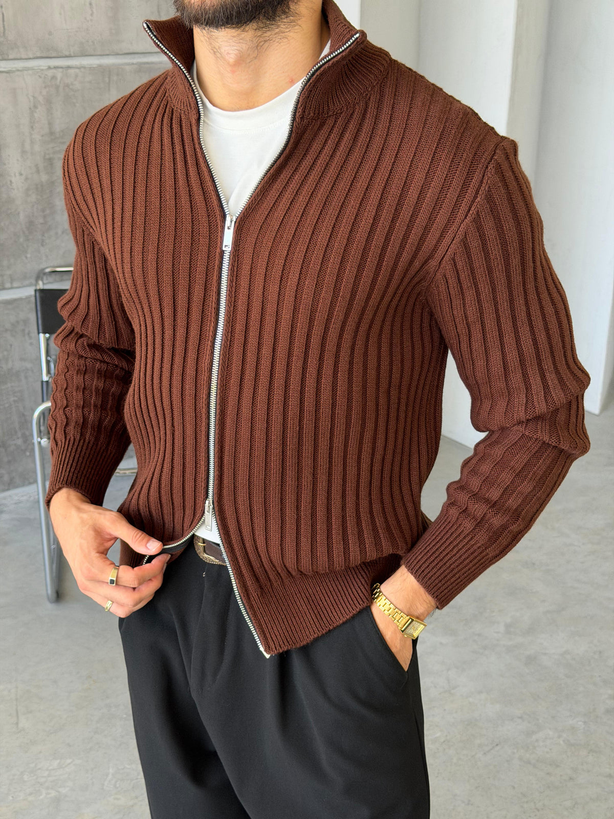 Ribbed Stand Collar Double-Zip - BROWN