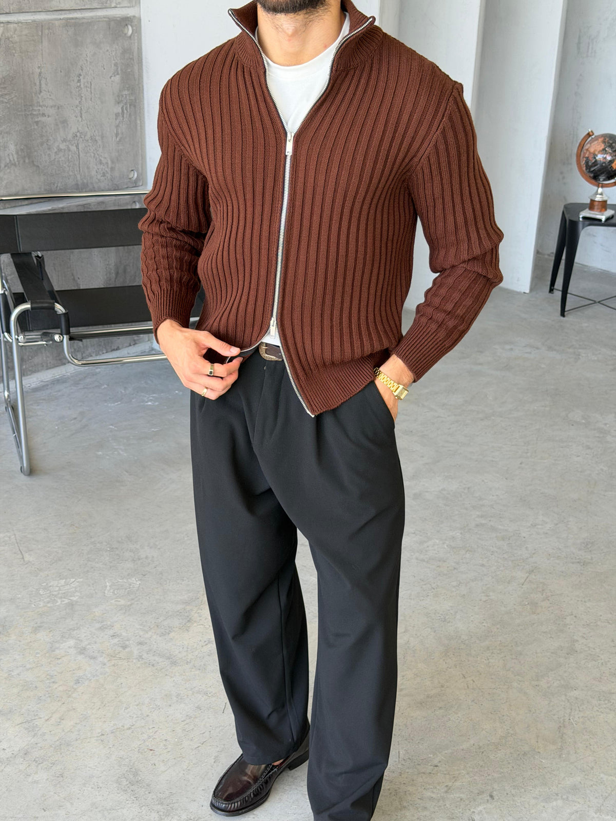 Ribbed Stand Collar Double-Zip - BROWN