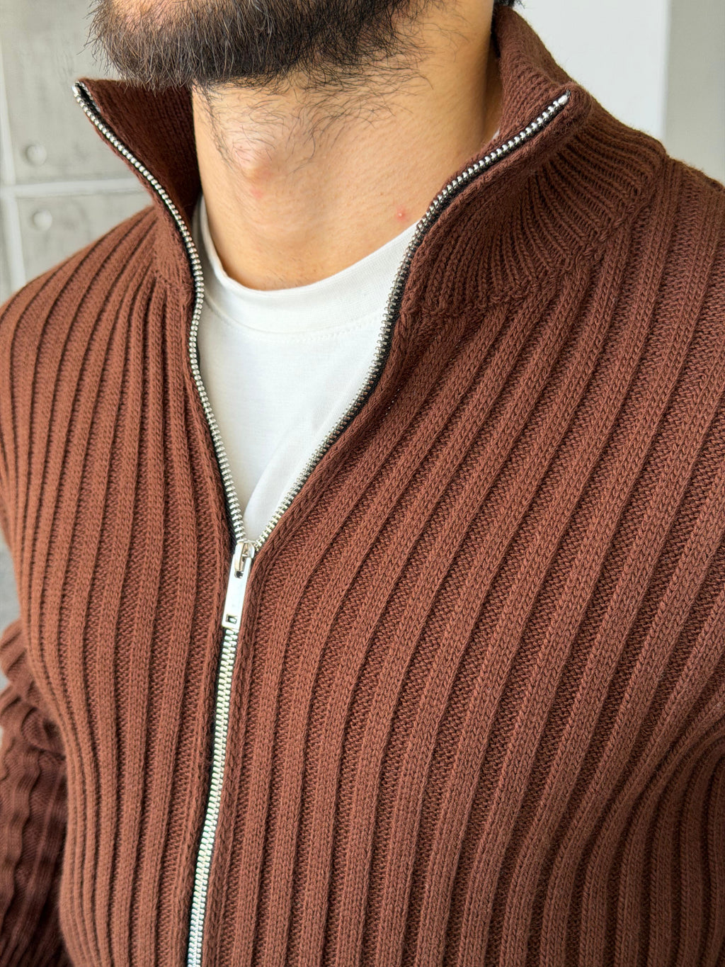 Ribbed Stand Collar Double-Zip - BROWN