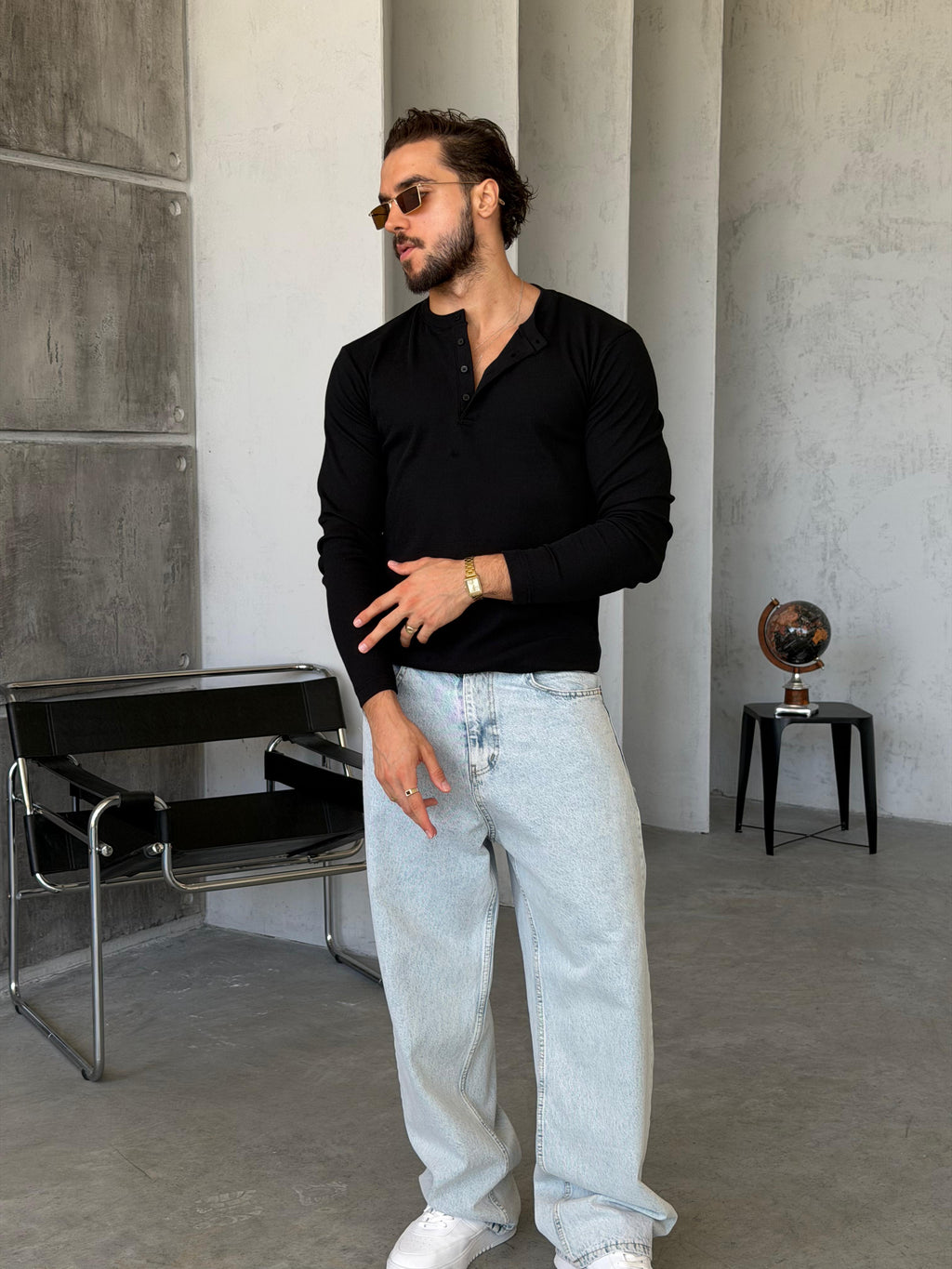Ribbed Henley Long Sleeve T-Shirt - Black