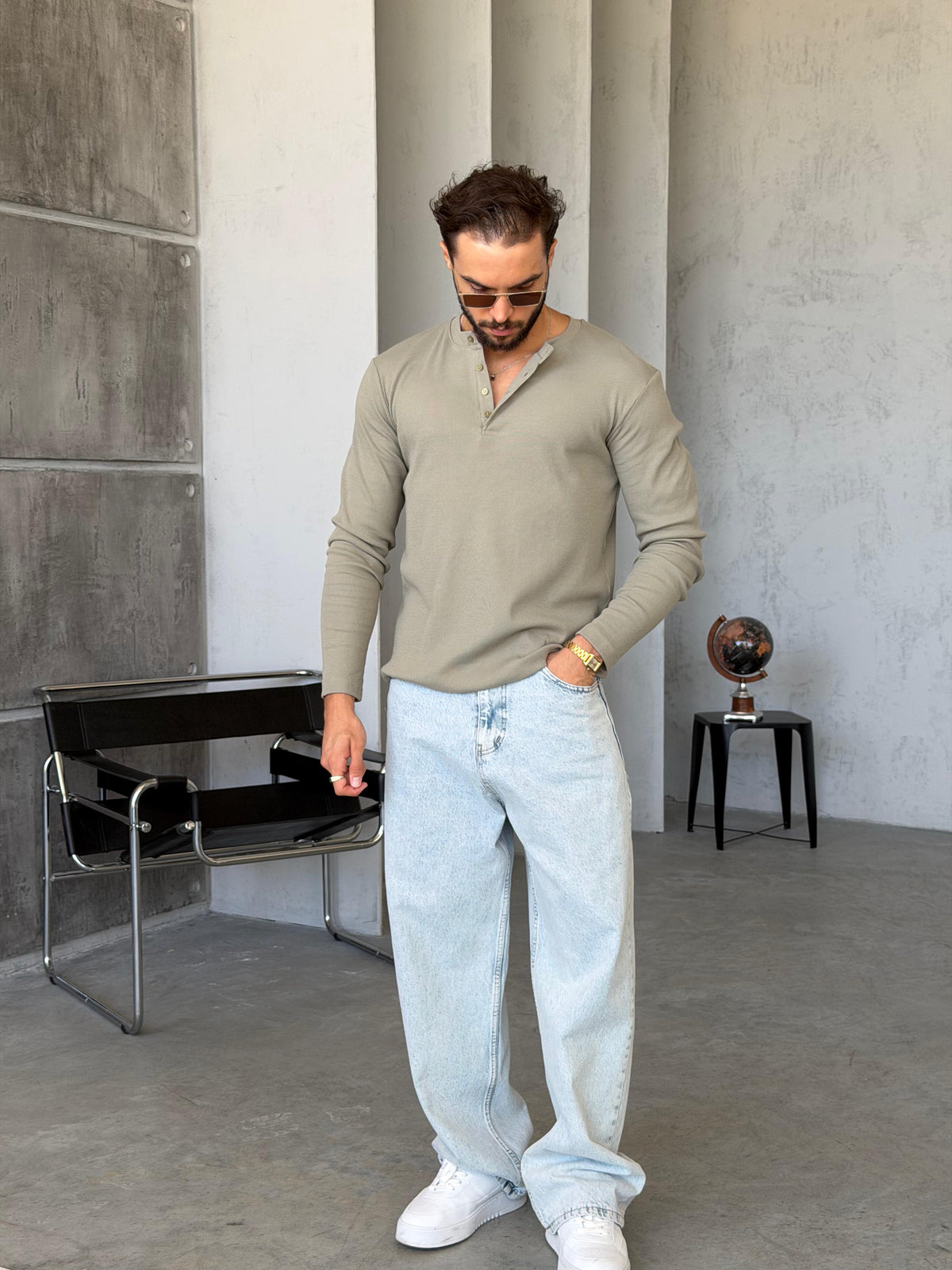 Ribbed Henley Long Sleeve T-Shirt - Sage Green
