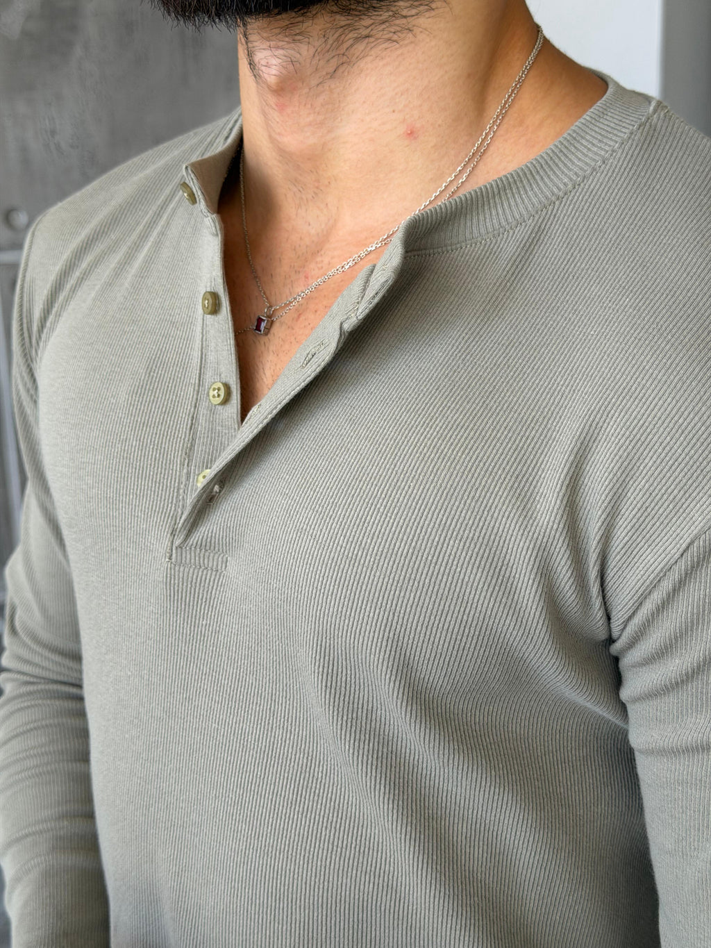 Ribbed Henley Long Sleeve T-Shirt - Sage Green