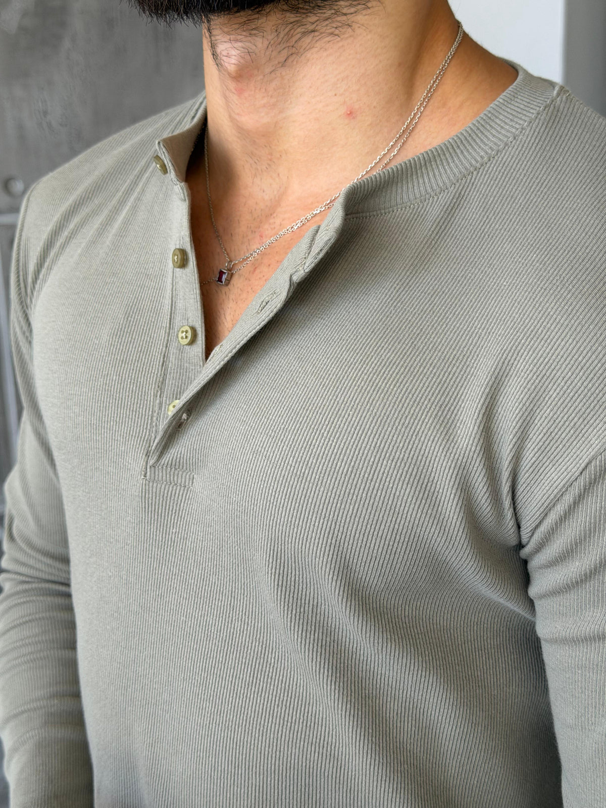 Ribbed Henley Long Sleeve T-Shirt - Sage Green