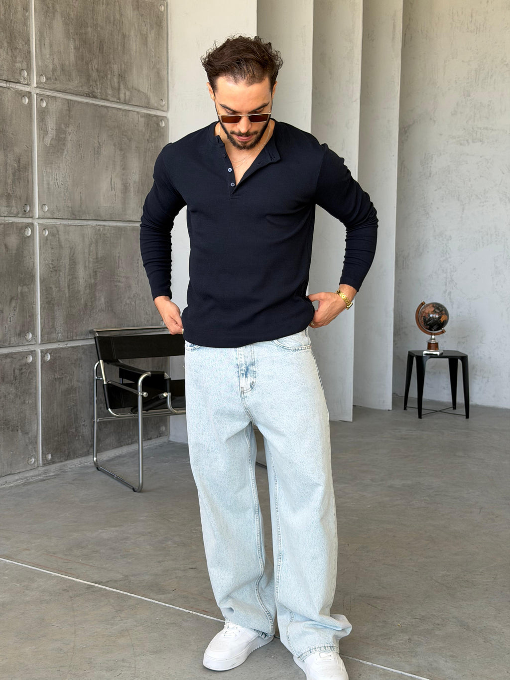 Ribbed Henley Long Sleeve T-Shirt - Navy
