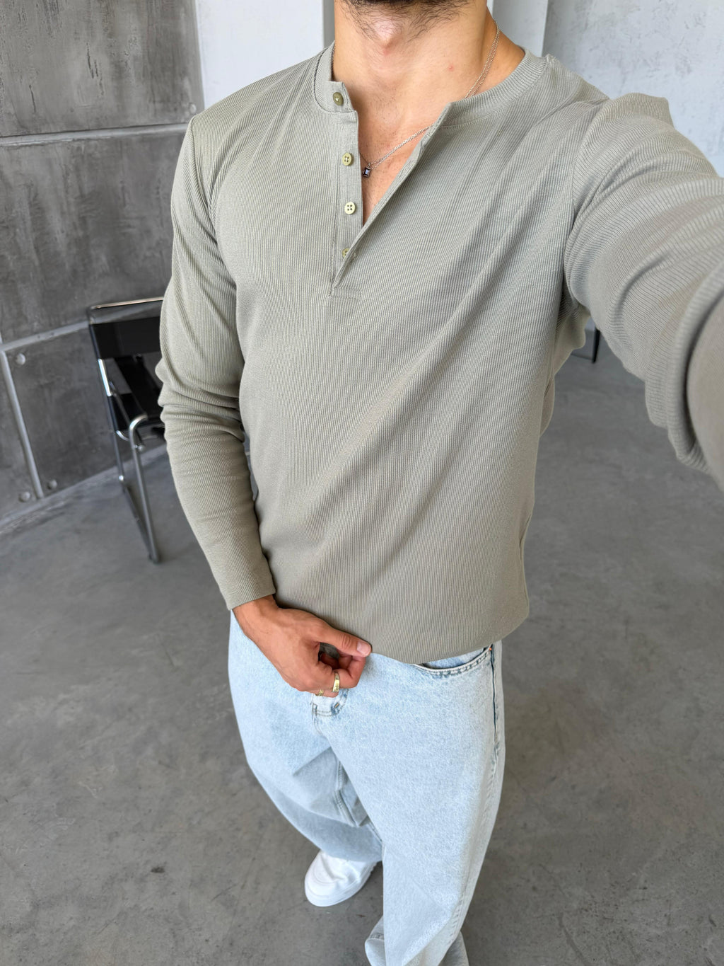 Ribbed Henley Long Sleeve T-Shirt - Sage Green
