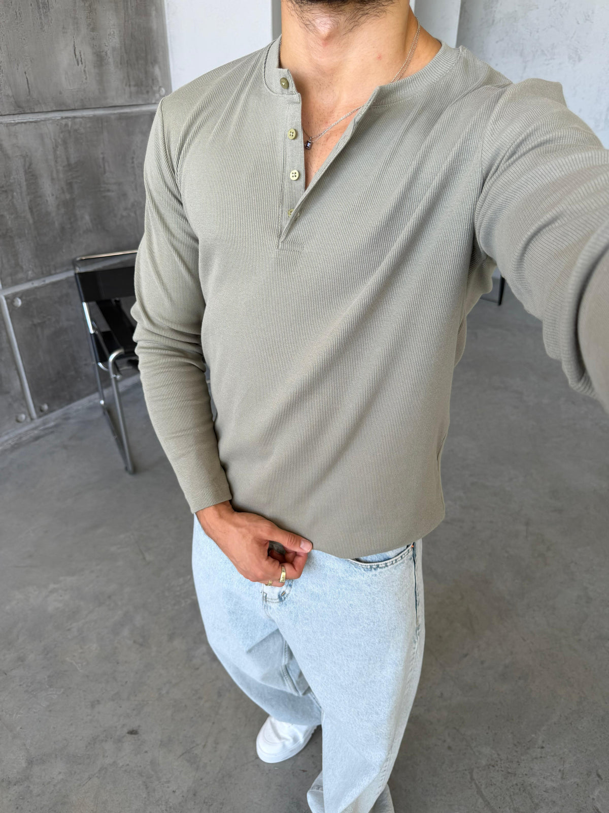 Ribbed Henley Long Sleeve T-Shirt - Sage Green