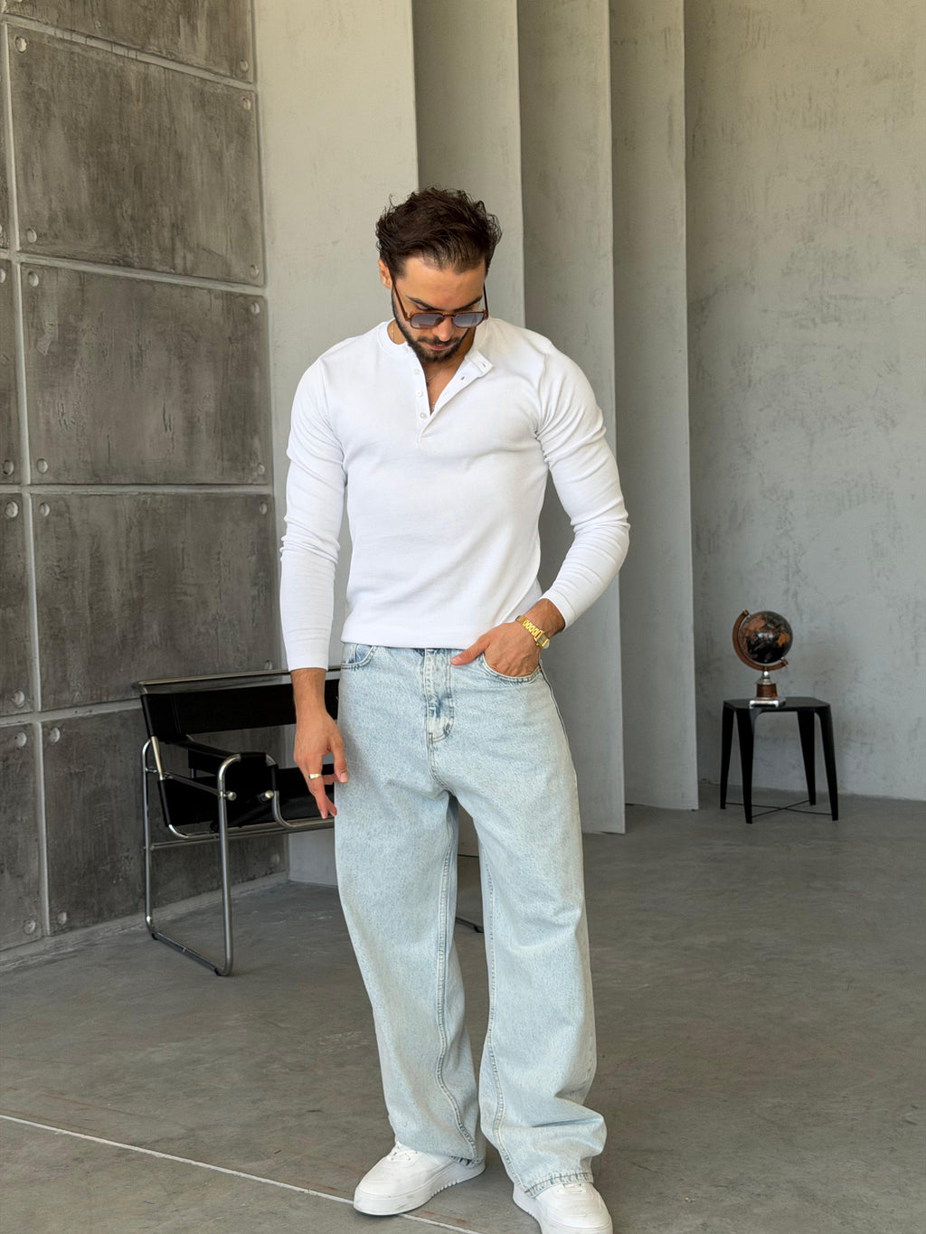 Ribbed Henley Long Sleeve T-Shirt - White