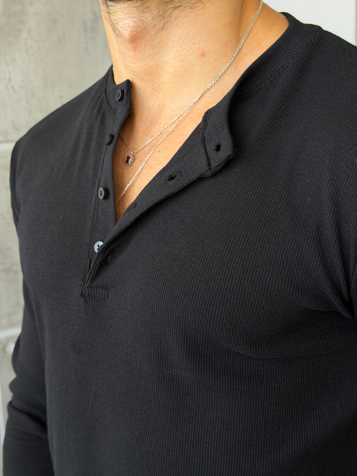 Ribbed Henley Long Sleeve T-Shirt - Black