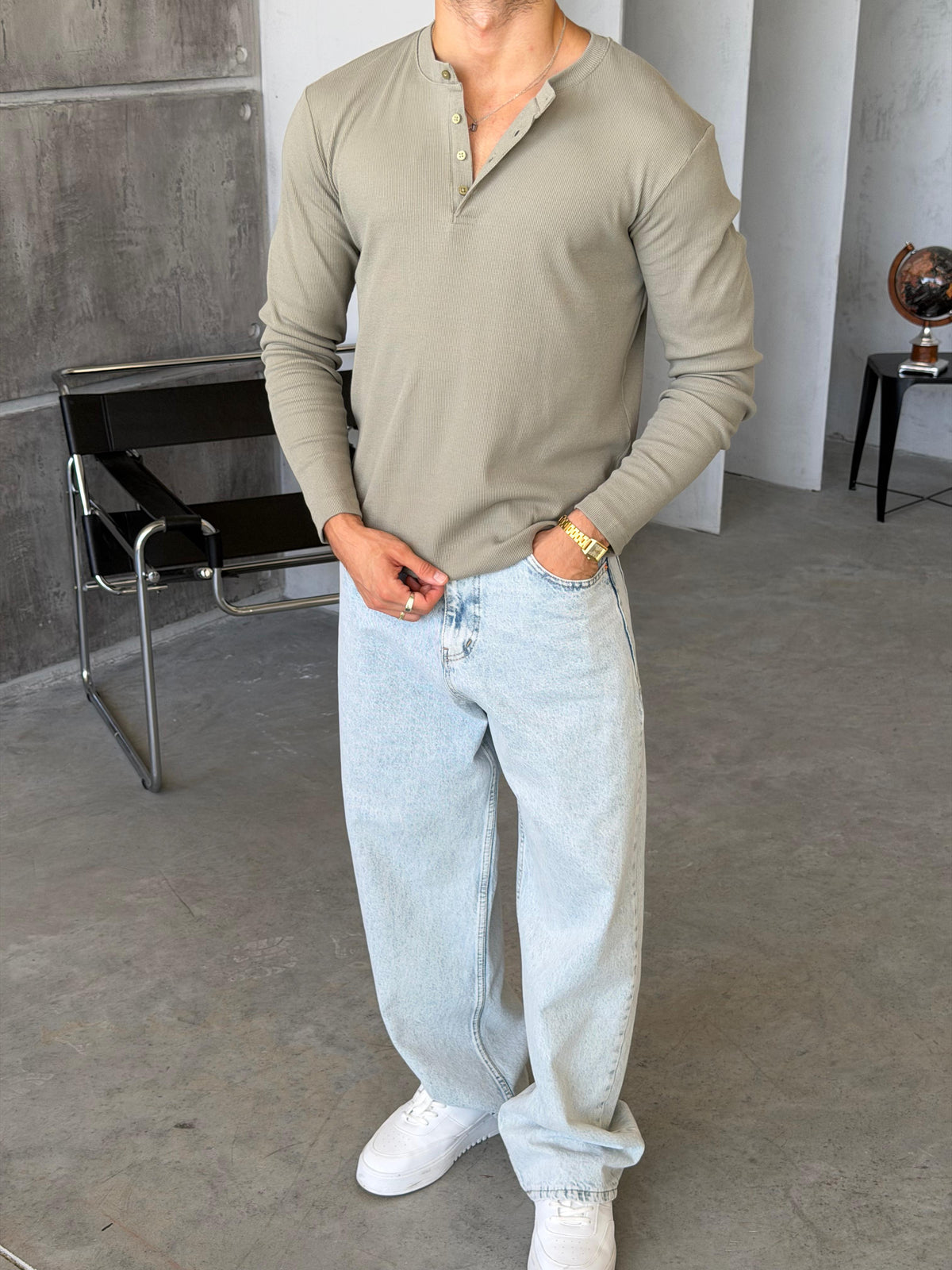 Ribbed Henley Long Sleeve T-Shirt - Sage Green