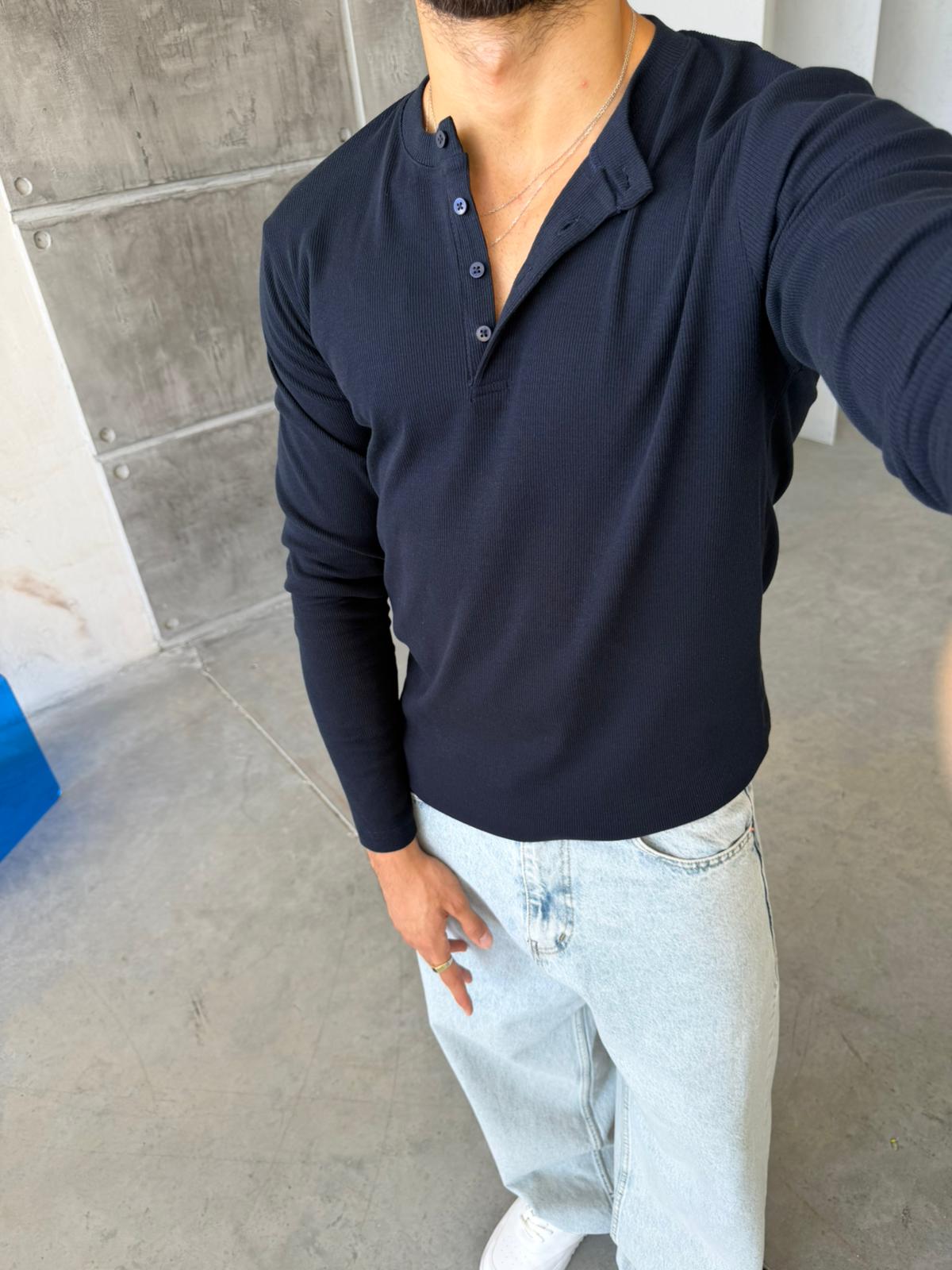 Ribbed Henley Long Sleeve T-Shirt - Navy