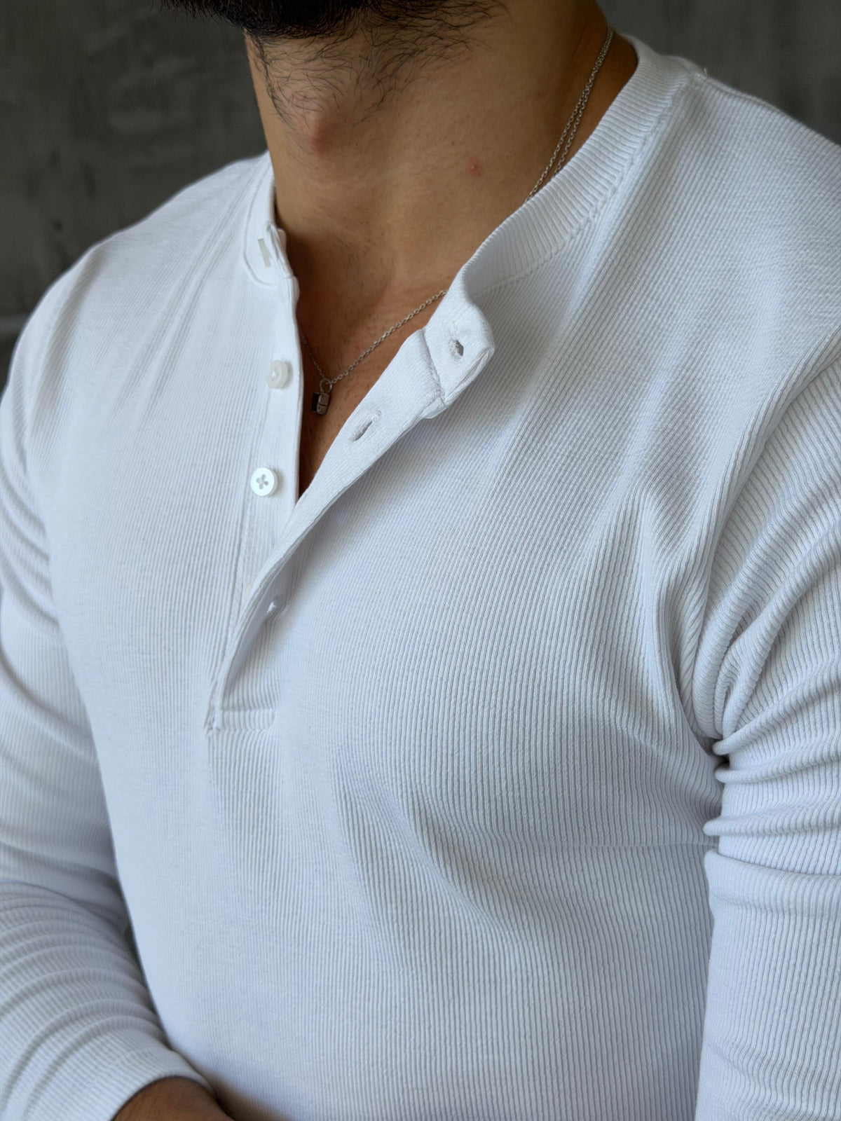 Ribbed Henley Long Sleeve T-Shirt - White