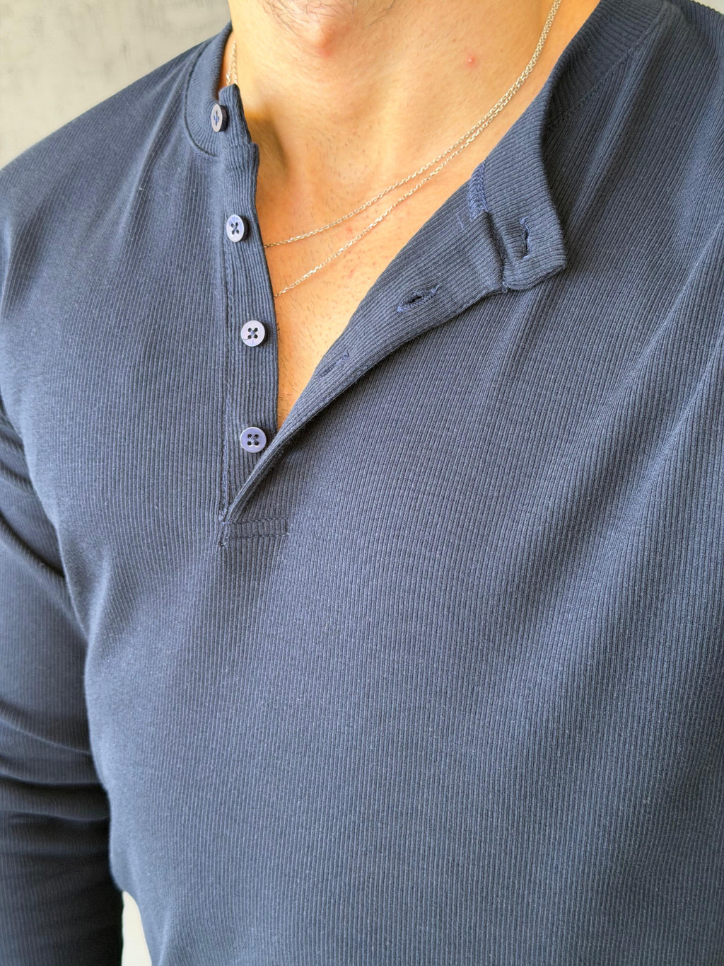 Ribbed Henley Long Sleeve T-Shirt - Navy