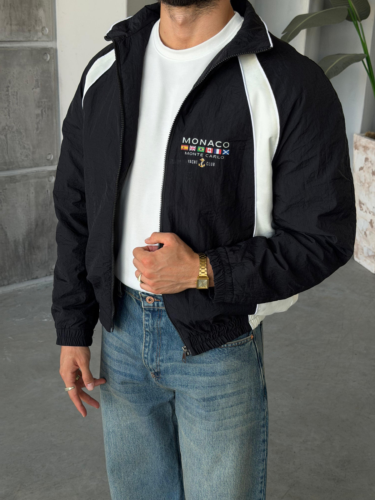 Monaco Stripe Zip Jacket – Black