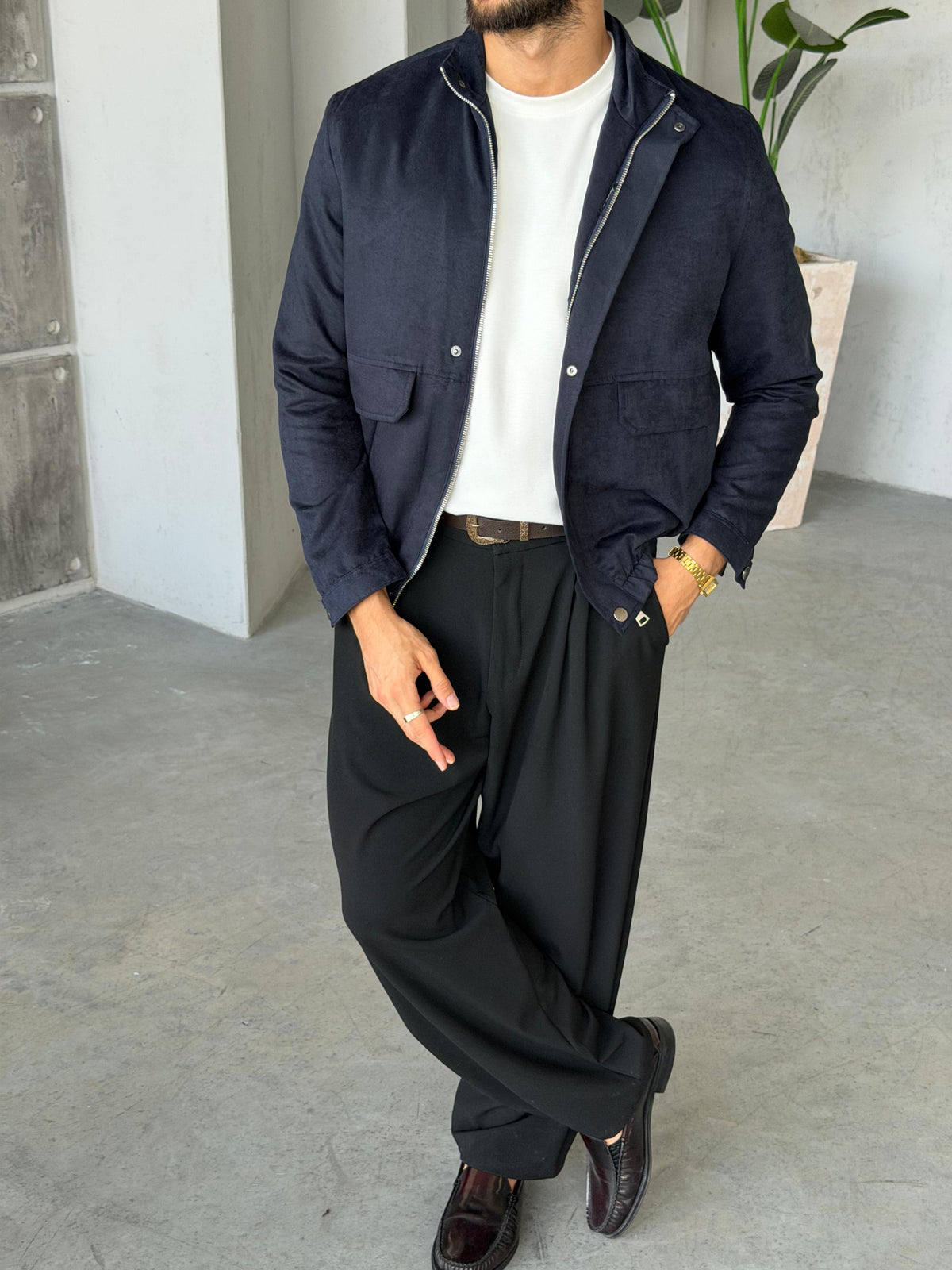 Suede Utility Jacket – Navy Blue