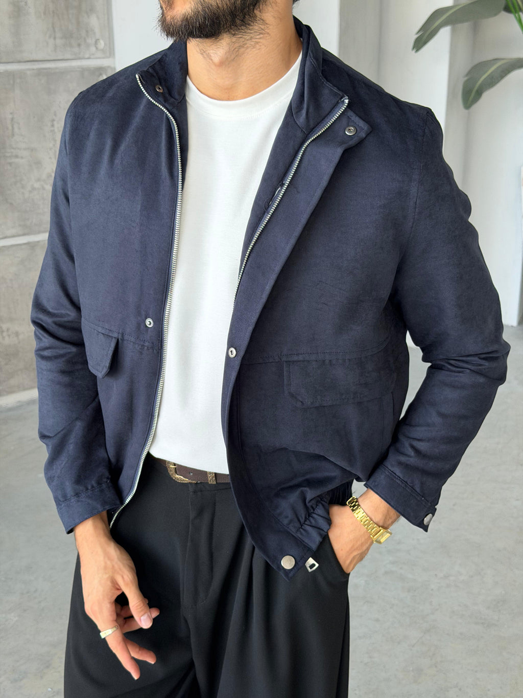 Suede Utility Jacket – Navy Blue