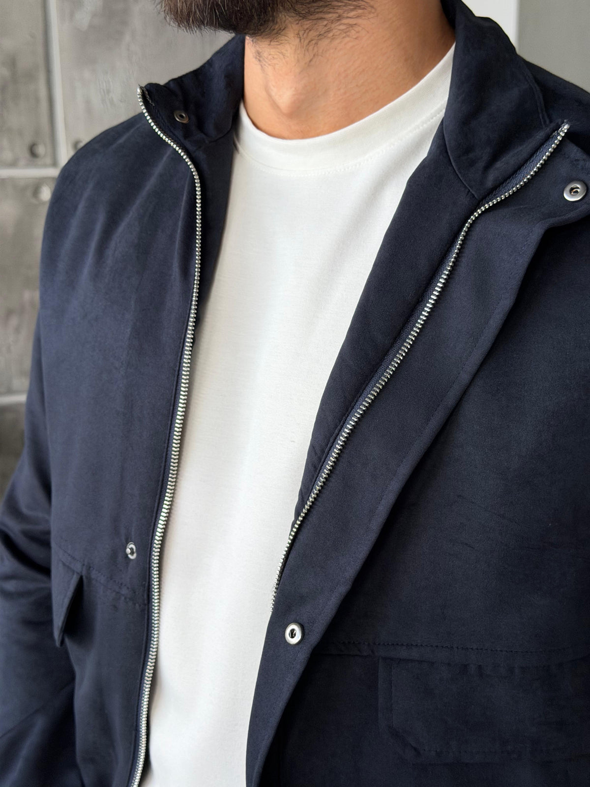 Suede Utility Jacket – Navy Blue