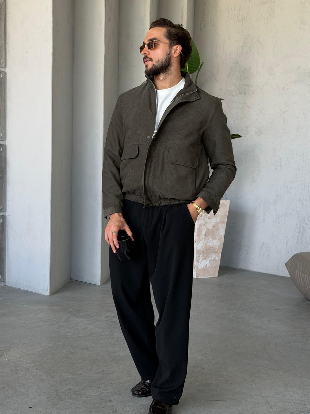 Suede Utility Jacket – Khaki