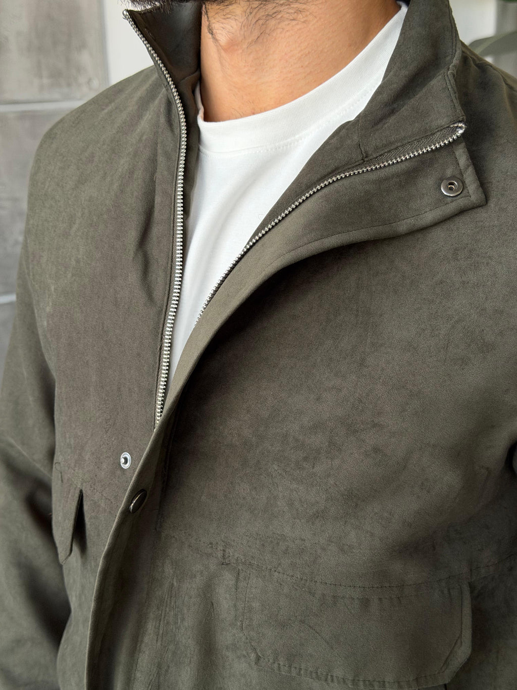 Suede Utility Jacket – Khaki