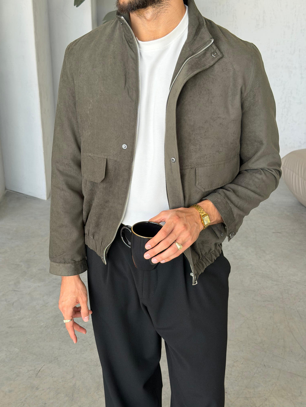 Suede Utility Jacket – Khaki