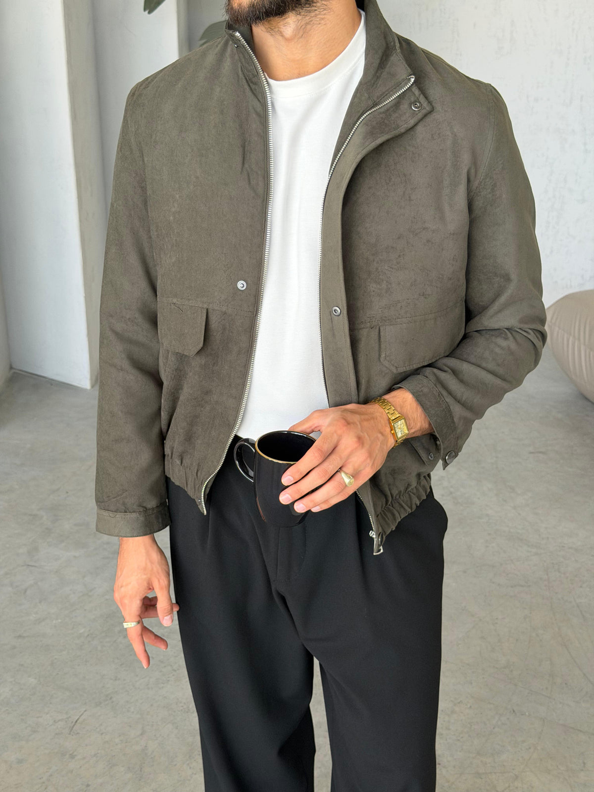 Suede Utility Jacket – Khaki