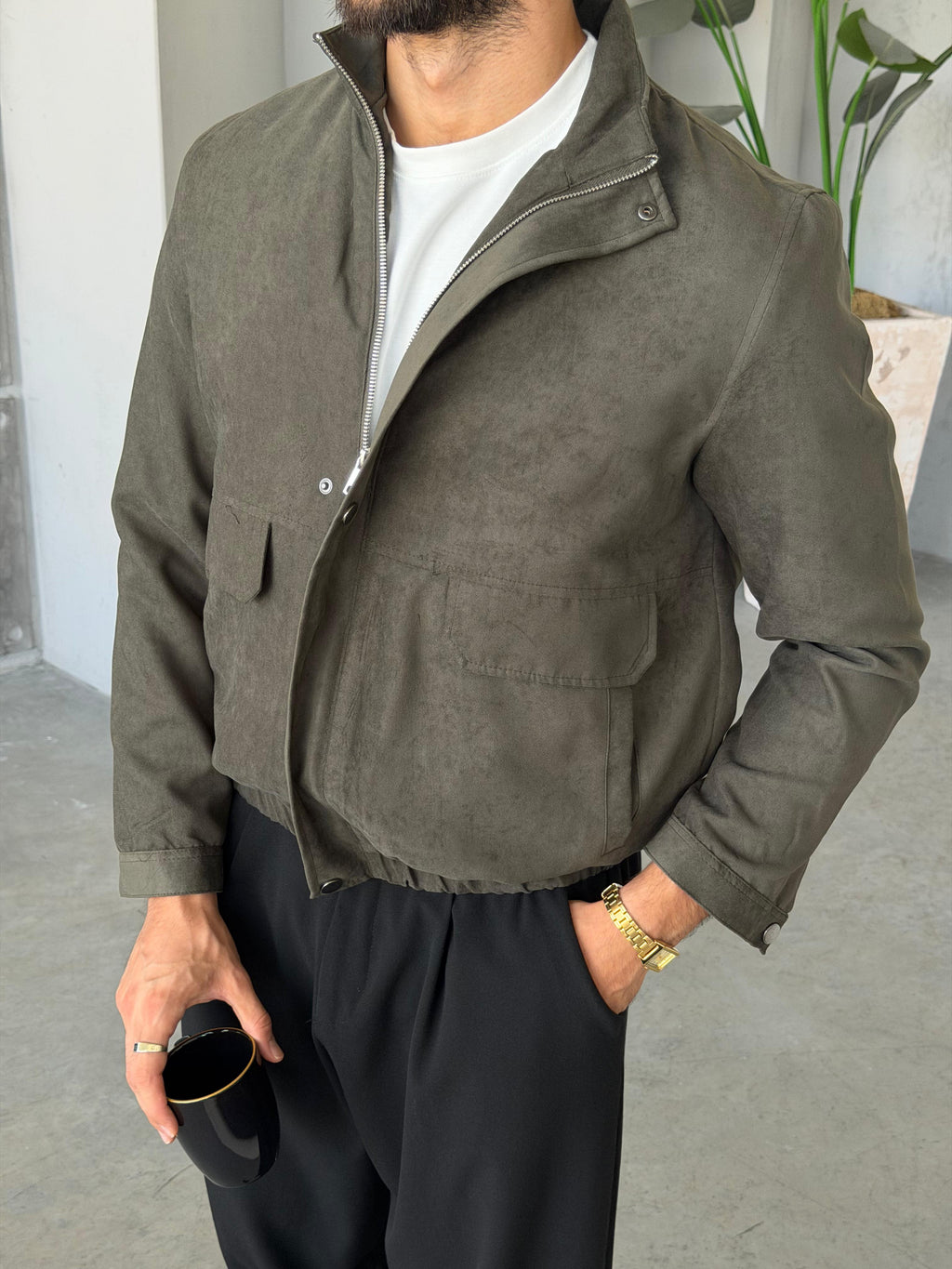 Suede Utility Jacket – Khaki