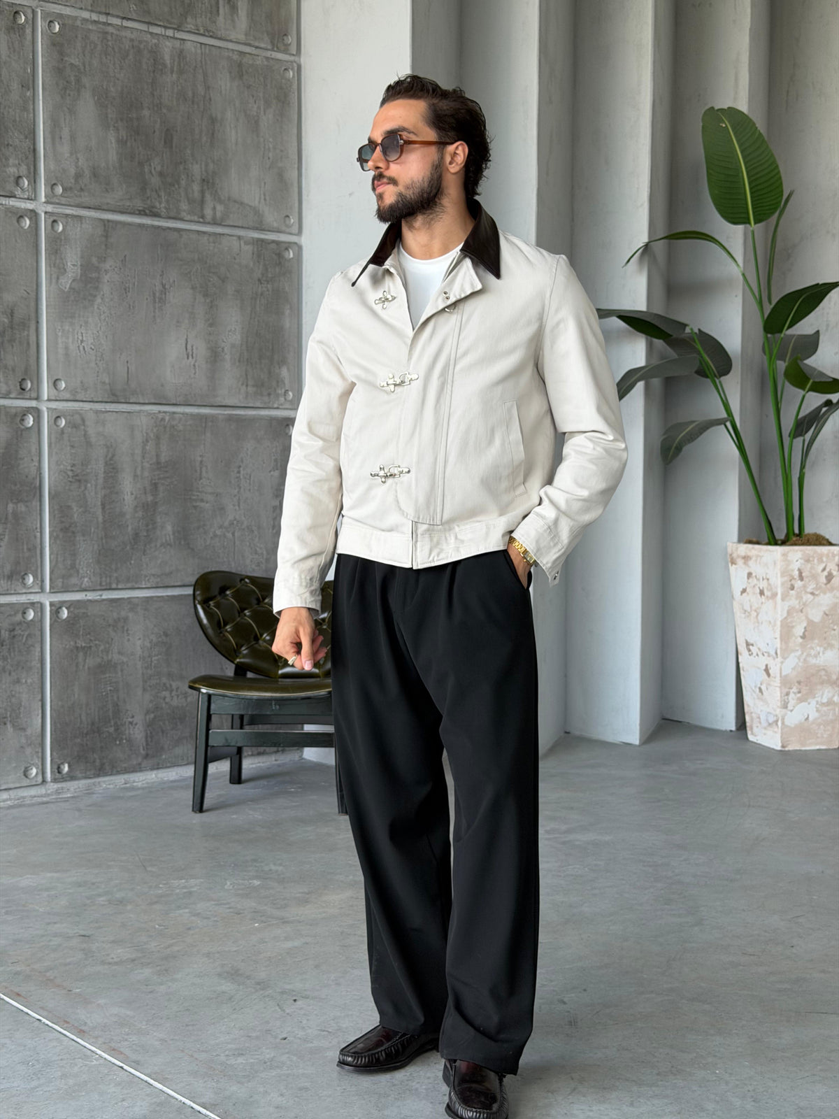 Leather Collar Jacket – Cream