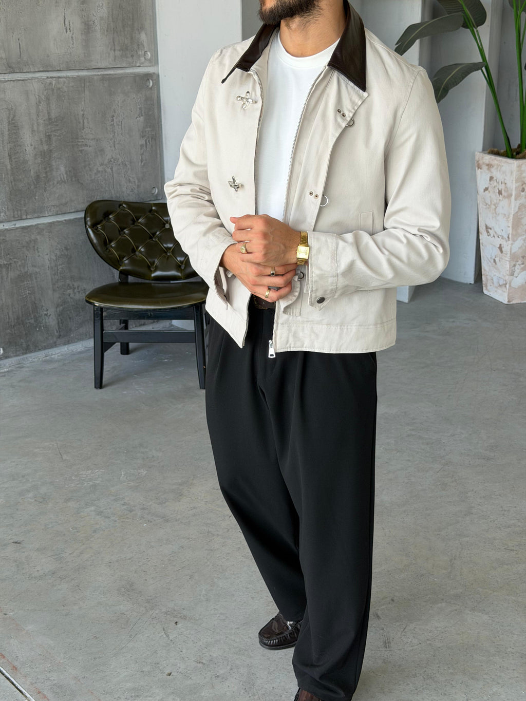 Leather Collar Jacket – Cream