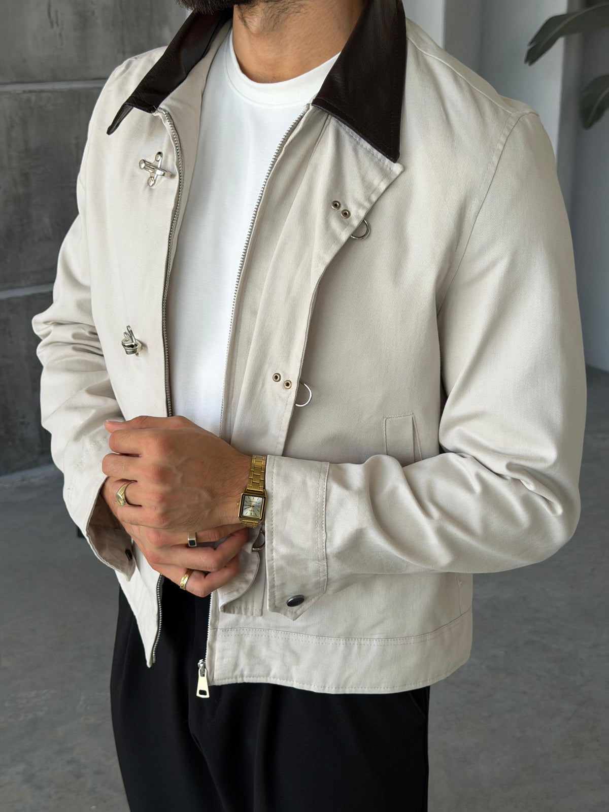 Leather Collar Jacket – Cream
