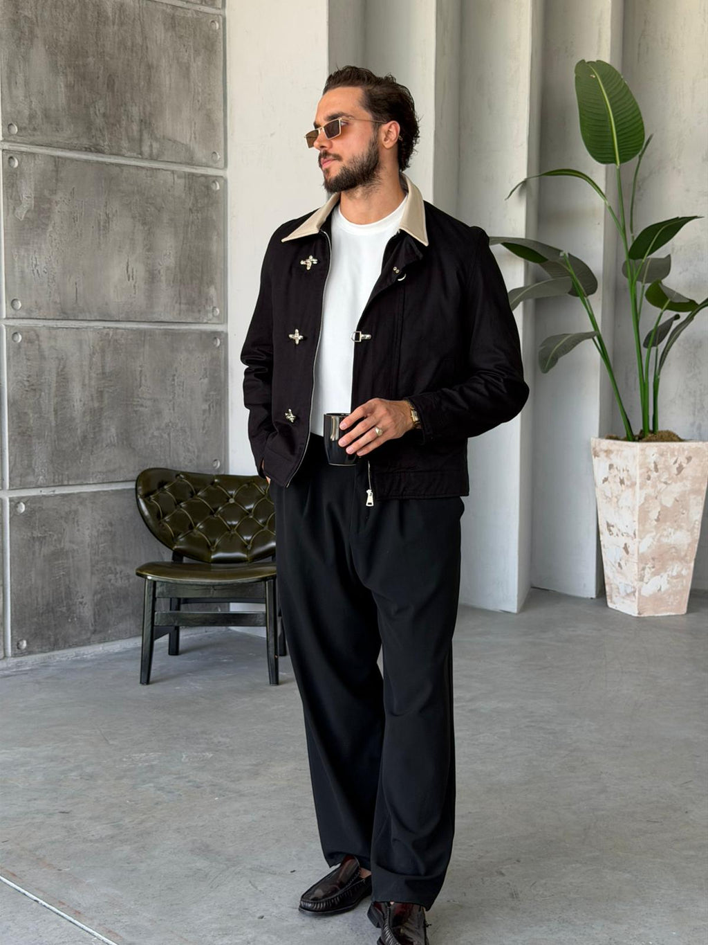 Leather Collar Jacket – Black