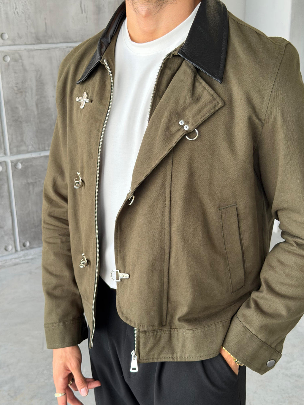 Leather Collar Jacket – Dark Green