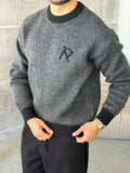 R Letter Premium Washed Oversized Knit Sweater - BLACK