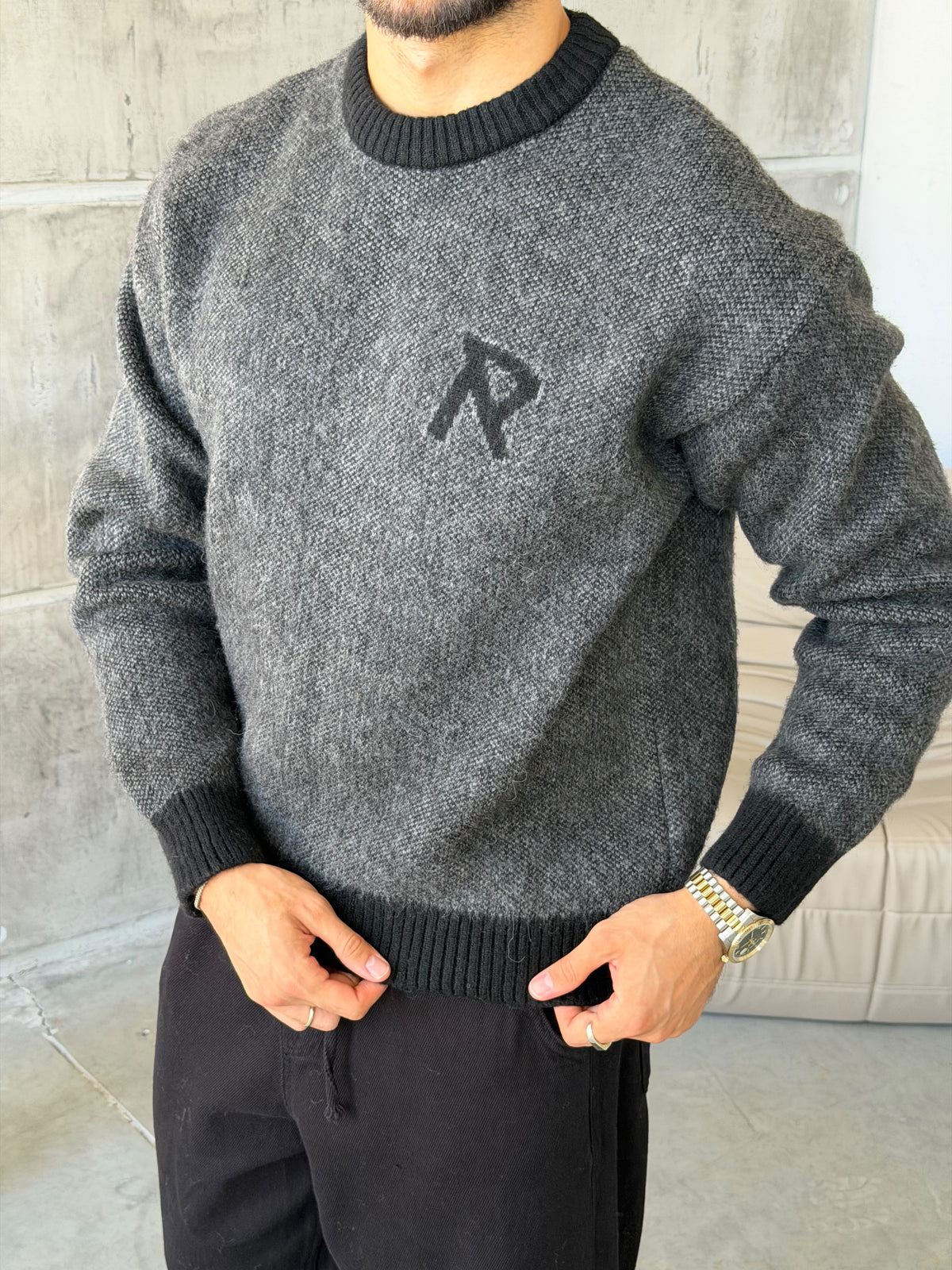 R Letter Premium Washed Oversized Knit Sweater - BLACK