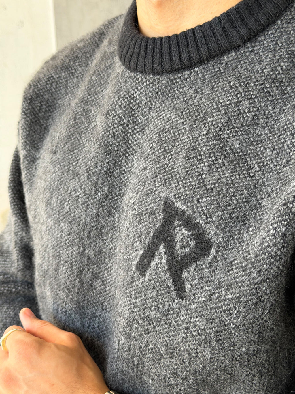 R Letter Premium Washed Oversized Knit Sweater - BLACK