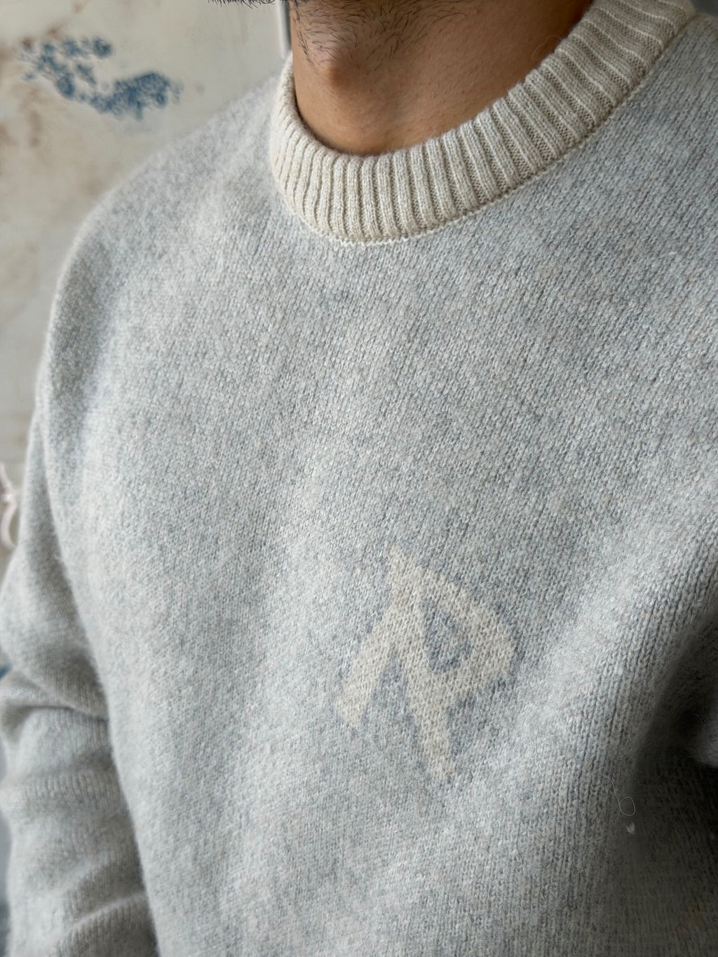 R Letter Premium Washed Oversized Knit Sweater - GRI