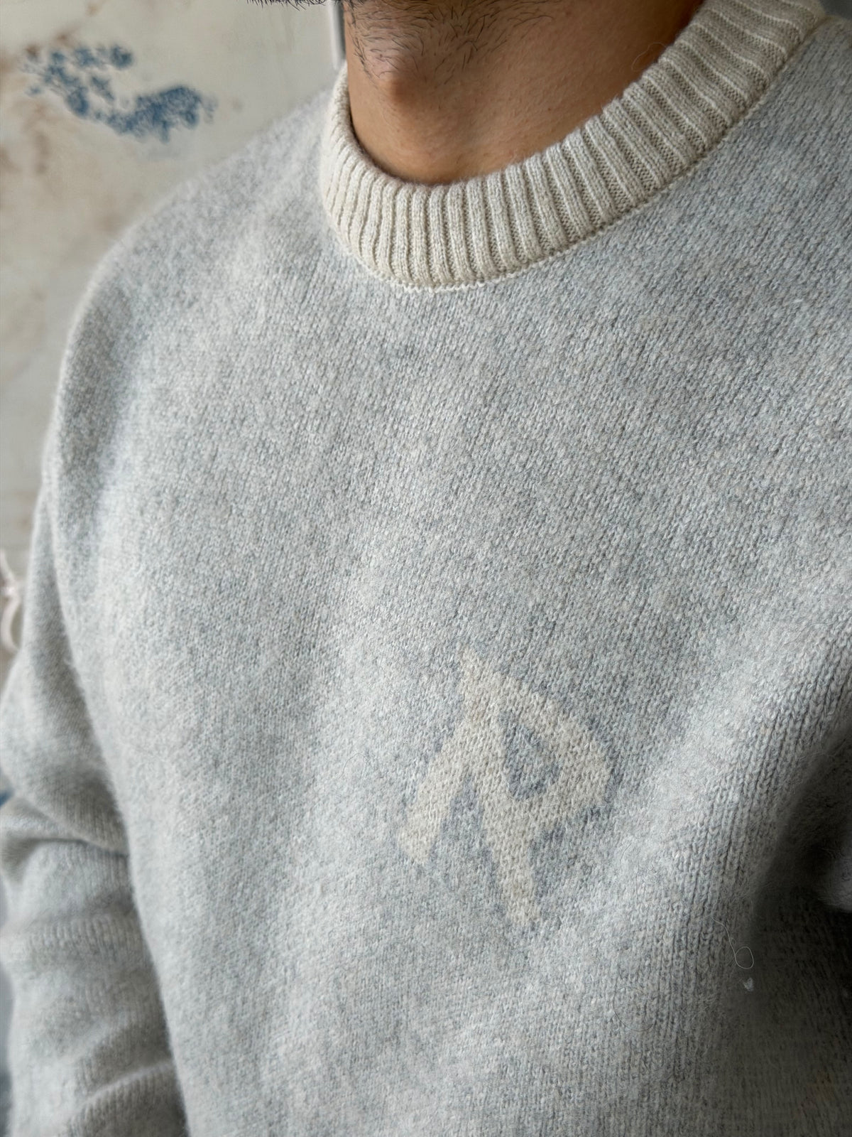 R Letter Premium Washed Oversized Knit Sweater - GRI