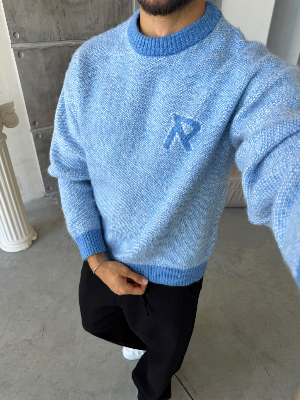 R Letter Premium Washed Oversized Knit Sweater - BABY BLUE