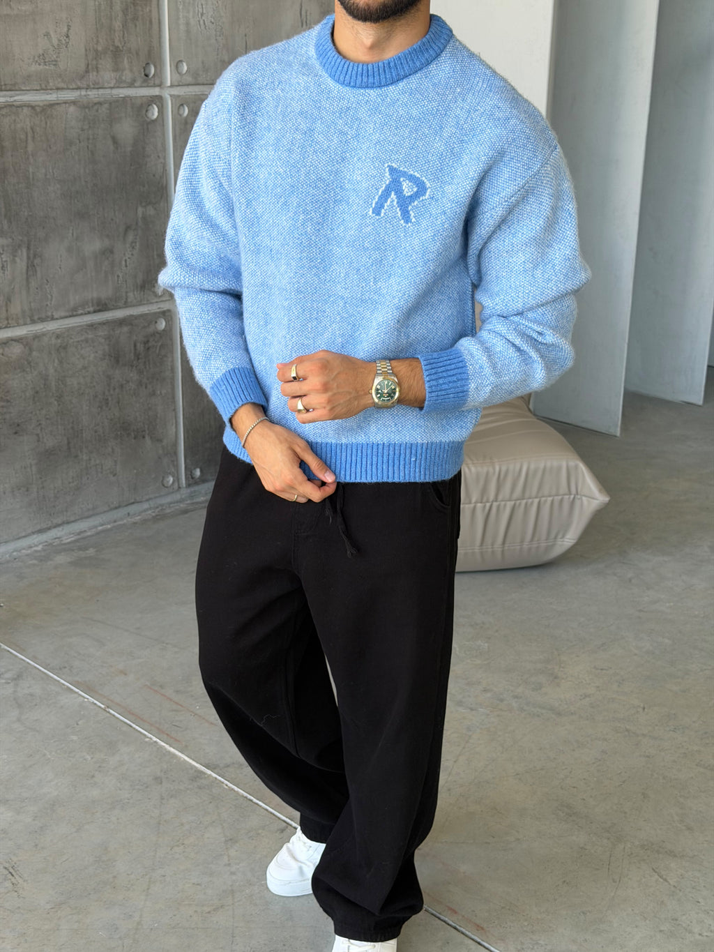 R Letter Premium Washed Oversized Knit Sweater - BABY BLUE