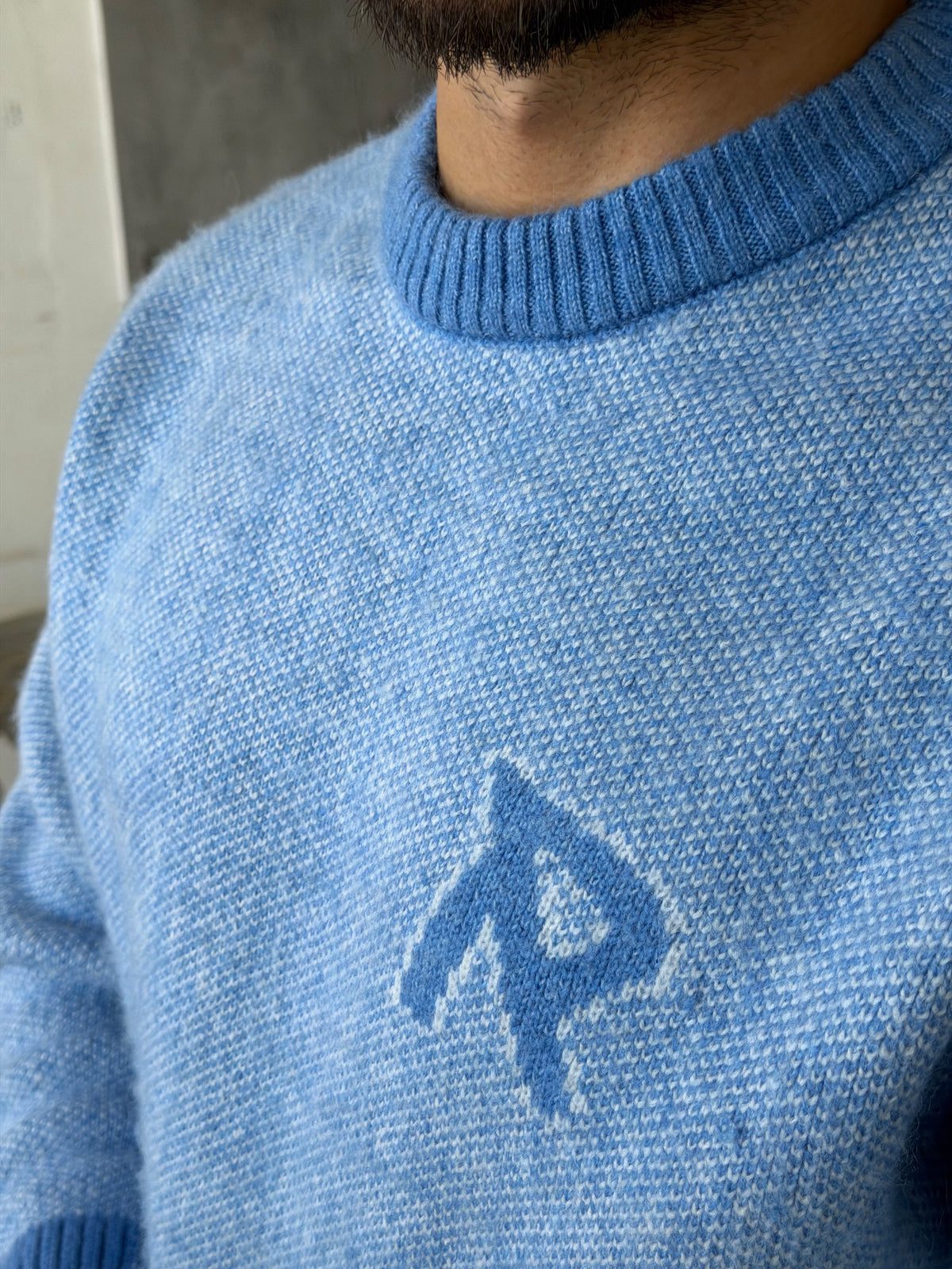 R Letter Premium Washed Oversized Knit Sweater - BABY BLUE