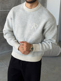 R Letter Premium Washed Oversized Knit Sweater - GRI