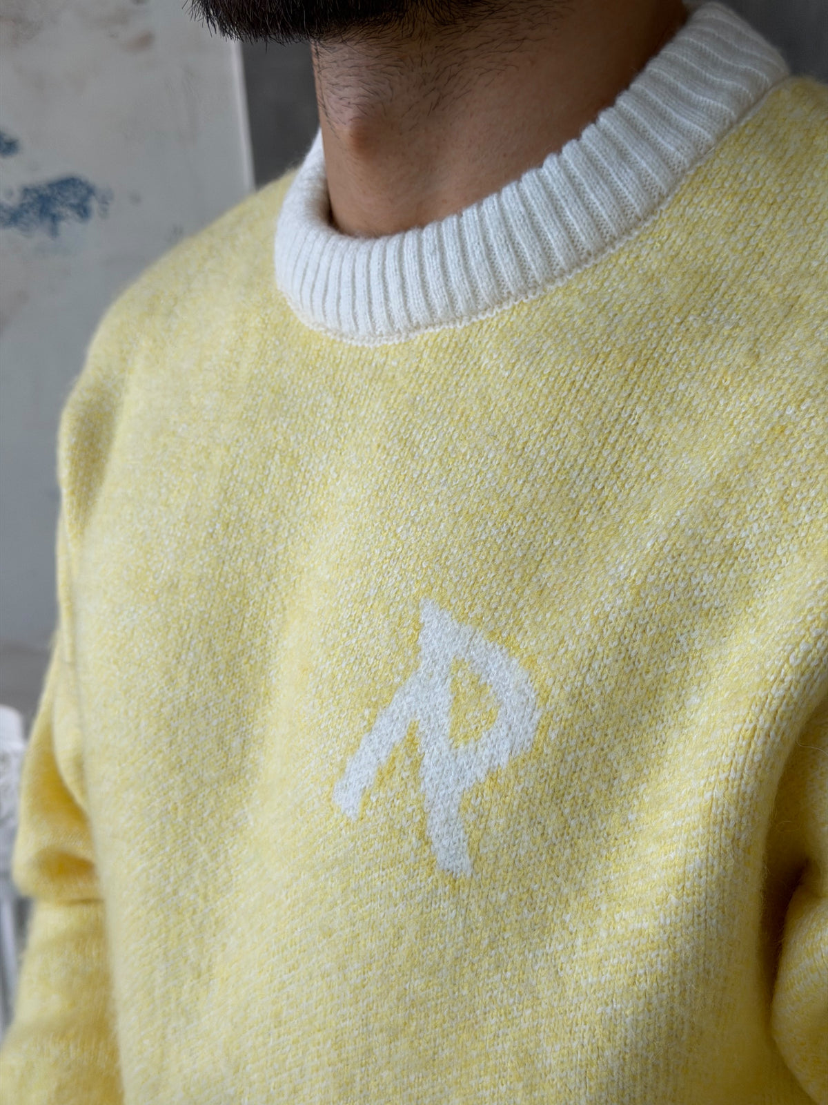 R Letter Premium Washed Oversized Knit Sweater - YELLOW
