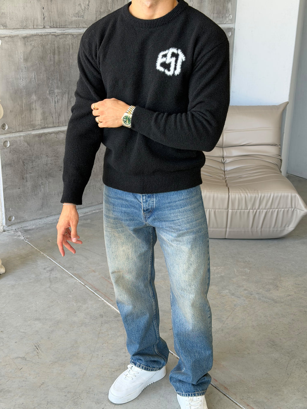 Soft Touch “EST” Oversized Knit Sweater - BLACK