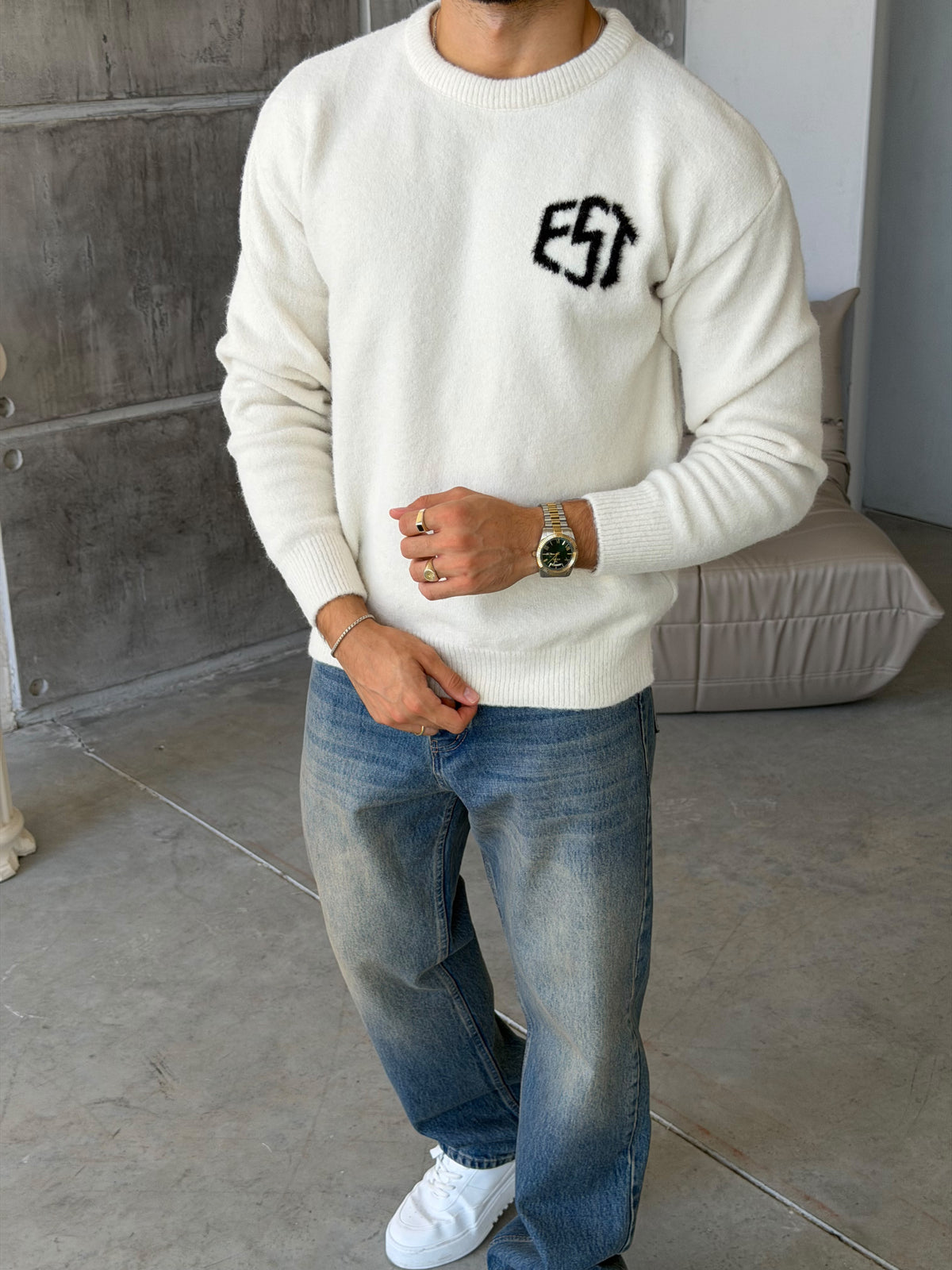 Soft Touch “EST” Oversized Knit Sweater - WHITE