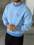 R Letter Premium Washed Oversized Knit Sweater - BABY BLUE