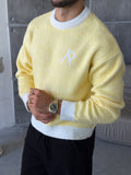 R Letter Premium Washed Oversized Knit Sweater - YELLOW