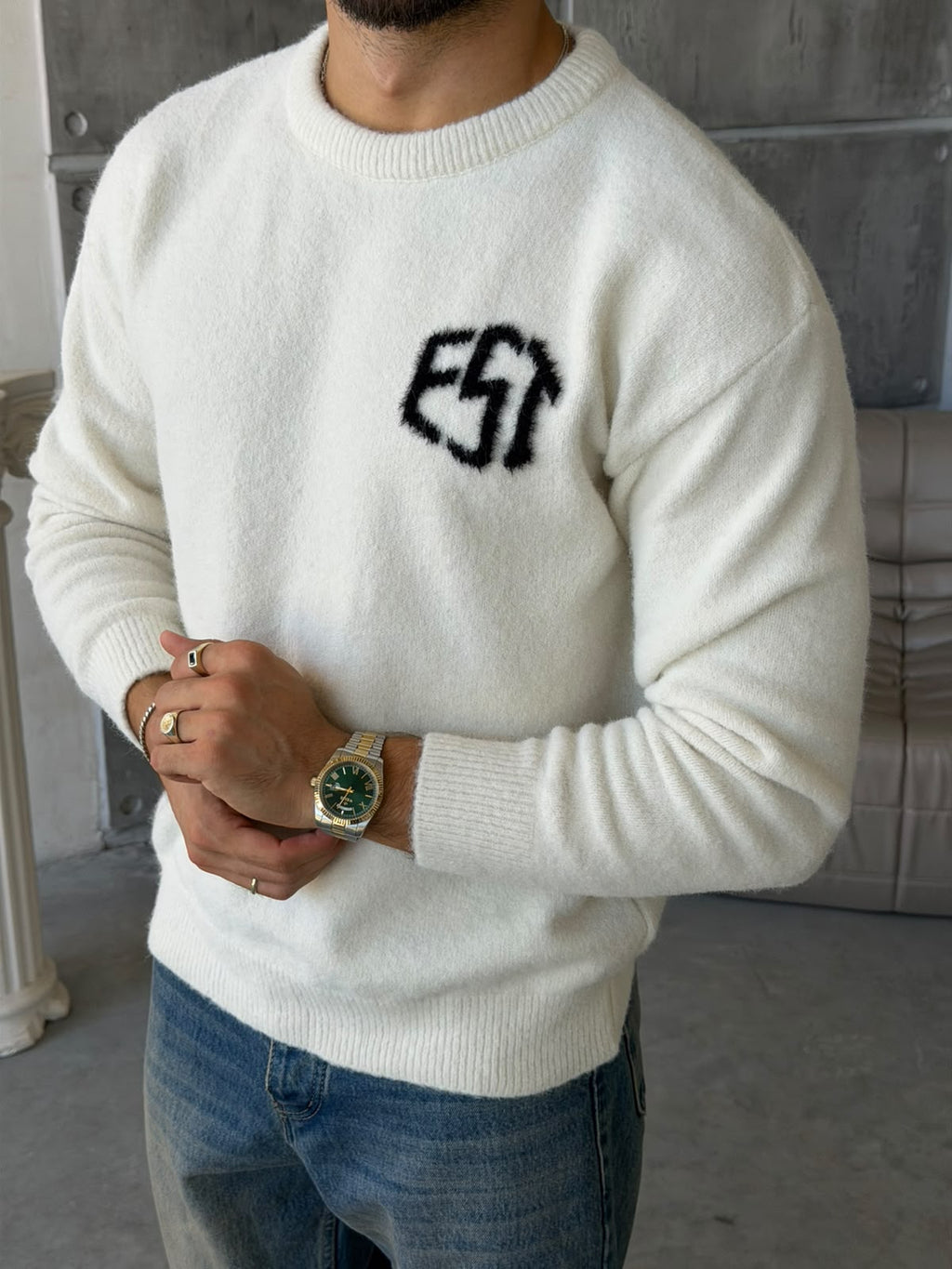 Soft Touch “EST” Oversized Knit Sweater - WHITE